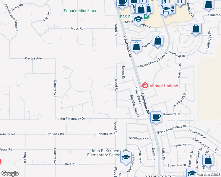 map of restaurants, bars, coffee shops, grocery stores, and more near 14775 Wood Road in Riverside