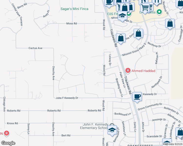 map of restaurants, bars, coffee shops, grocery stores, and more near 14779 Wood Road in Riverside