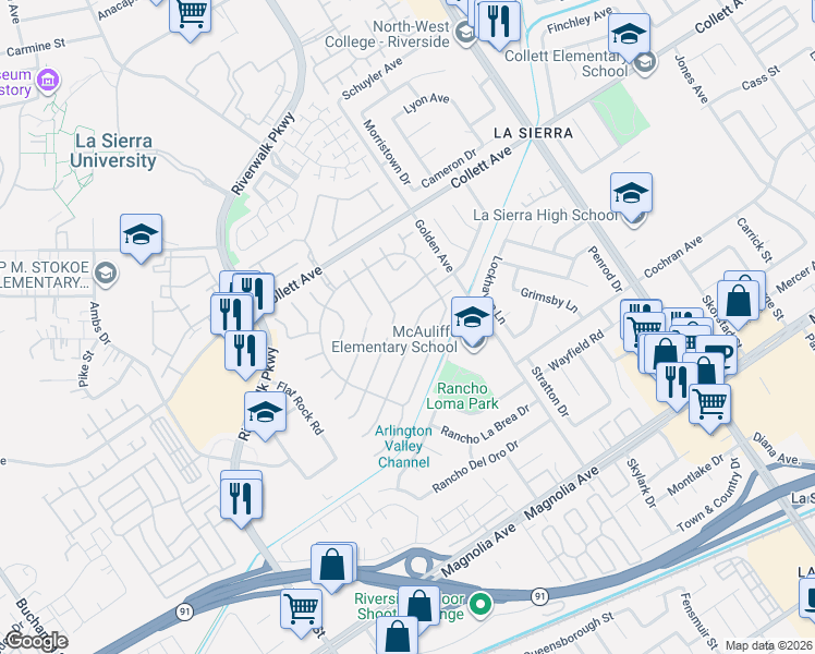 map of restaurants, bars, coffee shops, grocery stores, and more near 11369 Parkfield Court in Riverside