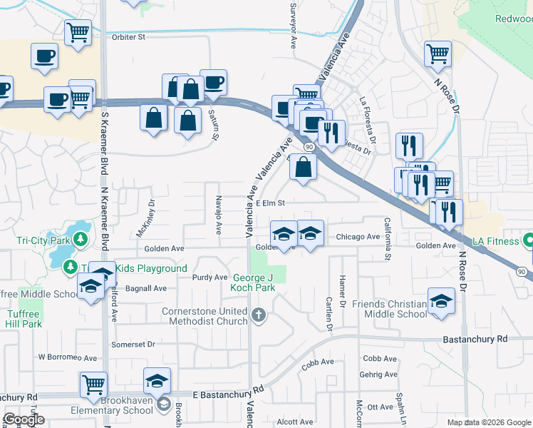 map of restaurants, bars, coffee shops, grocery stores, and more near 3200 East Elm Street in Brea
