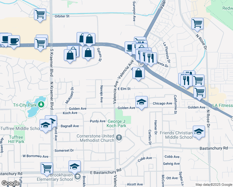 map of restaurants, bars, coffee shops, grocery stores, and more near 3110 East Elm Street in Brea