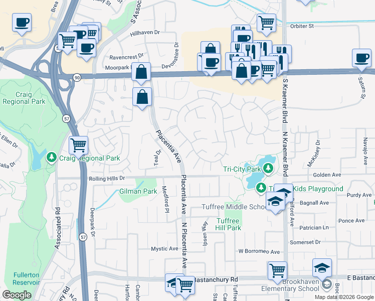map of restaurants, bars, coffee shops, grocery stores, and more near 2926 Cardmon Lane in Fullerton
