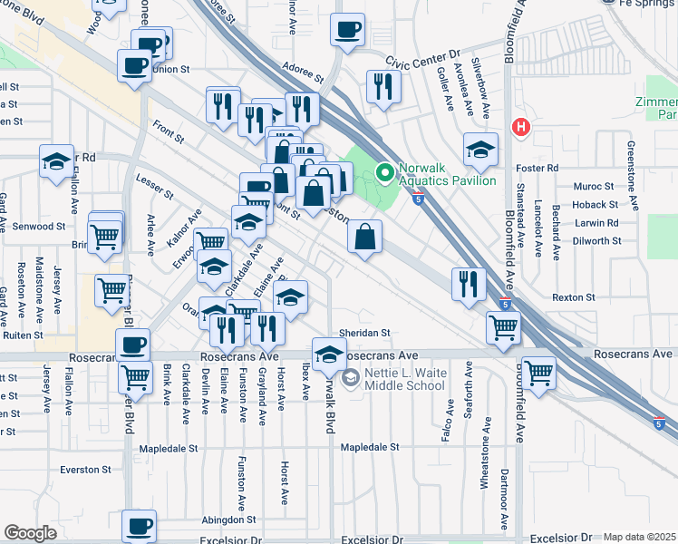 map of restaurants, bars, coffee shops, grocery stores, and more near 12244 Front Street in Norwalk