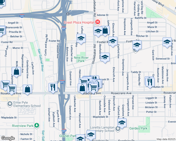 map of restaurants, bars, coffee shops, grocery stores, and more near 10850 Leffingwell Road in Norwalk