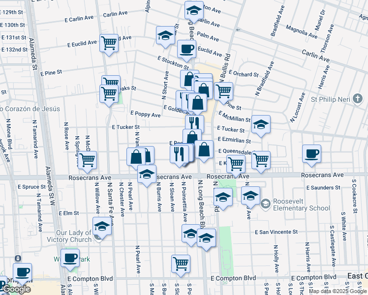 map of restaurants, bars, coffee shops, grocery stores, and more near 1207 East Peck Street in Compton