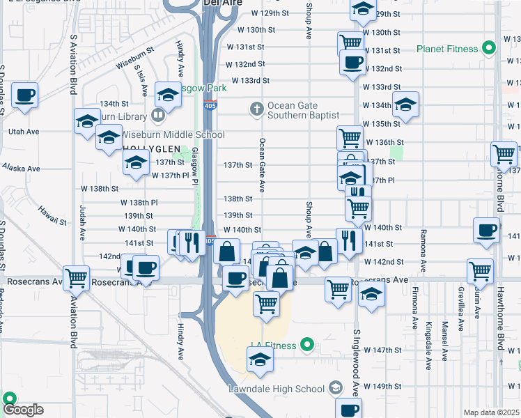 map of restaurants, bars, coffee shops, grocery stores, and more near 5025 138th Street in Hawthorne