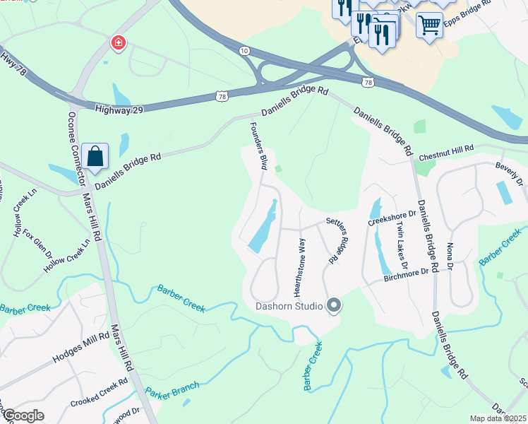 map of restaurants, bars, coffee shops, grocery stores, and more near 1161 Founders Boulevard in Athens