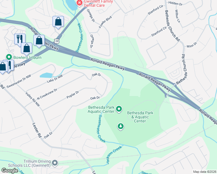 map of restaurants, bars, coffee shops, grocery stores, and more near 3160 Oak Drive in Lawrenceville