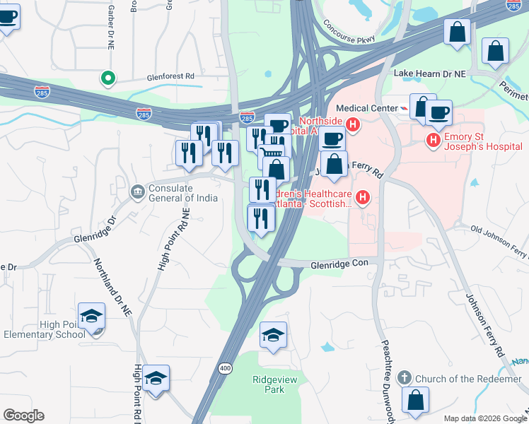 map of restaurants, bars, coffee shops, grocery stores, and more near 5051 Glenridge Point Parkway in Sandy Springs