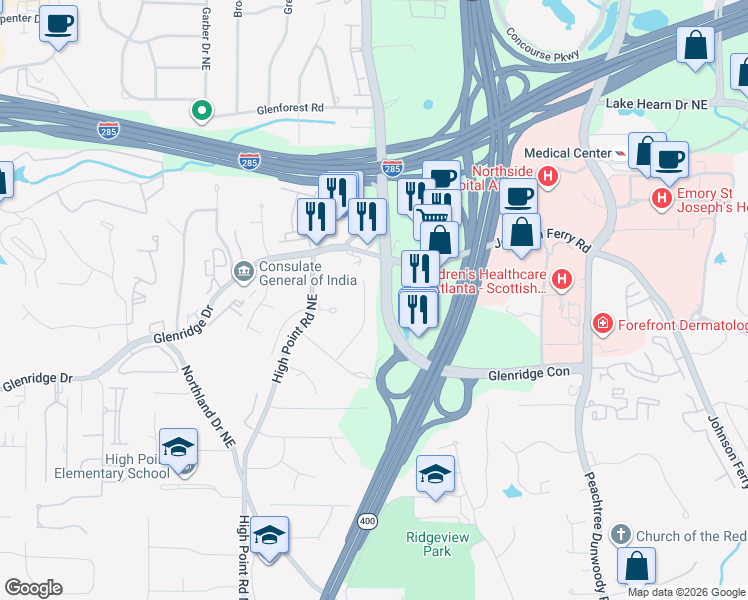 map of restaurants, bars, coffee shops, grocery stores, and more near 5525 Shiver Summit Northeast in Atlanta