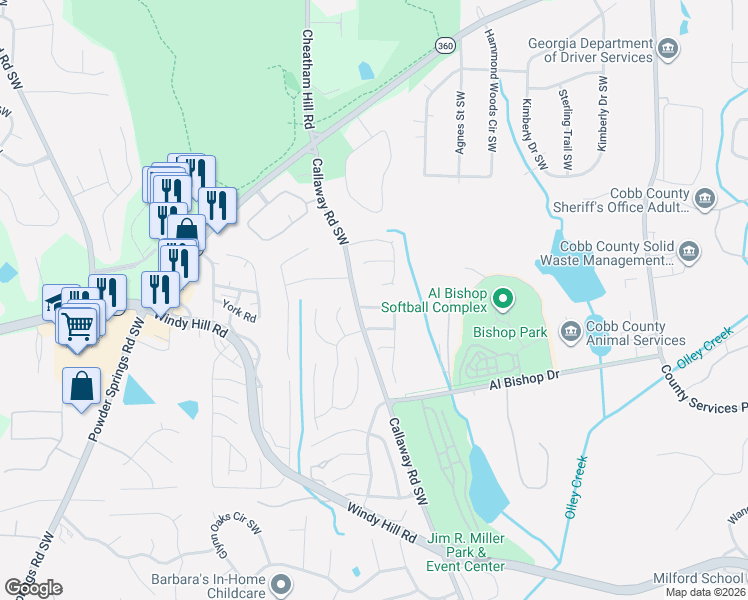 map of restaurants, bars, coffee shops, grocery stores, and more near 1390 Chapel Hill Lane Southwest in Marietta