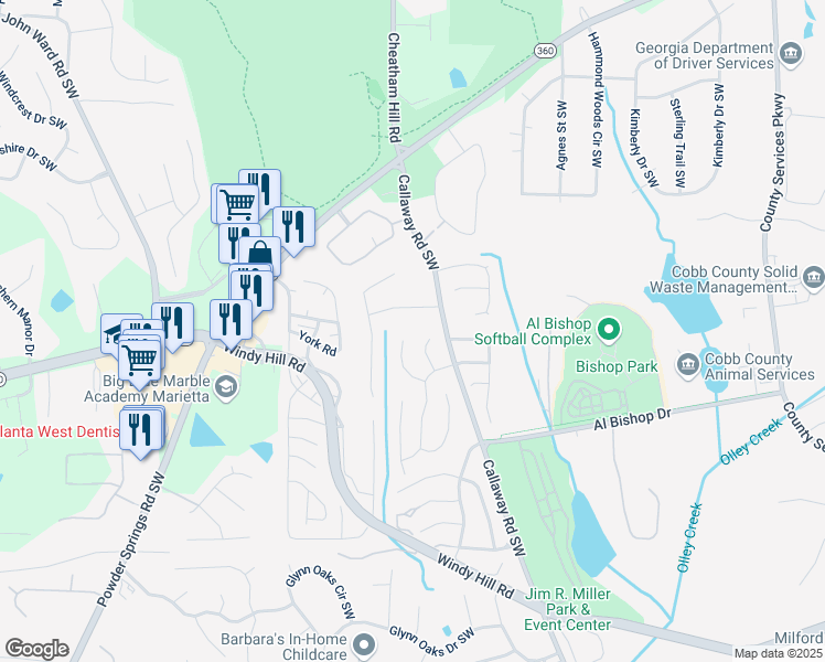 map of restaurants, bars, coffee shops, grocery stores, and more near 1951 Bergerac Court Southwest in Marietta
