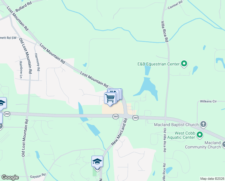 map of restaurants, bars, coffee shops, grocery stores, and more near Thayer Drive Southwest in Cobb County