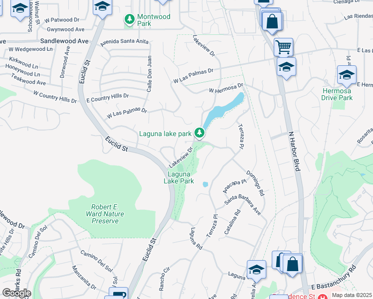 map of restaurants, bars, coffee shops, grocery stores, and more near 3073 North Lakeview Court in Fullerton