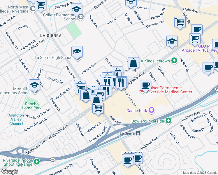 map of restaurants, bars, coffee shops, grocery stores, and more near 3840 Burge Street in Riverside