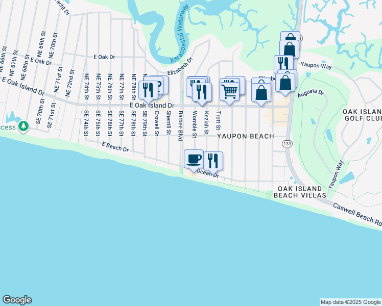 map of restaurants, bars, coffee shops, grocery stores, and more near 209 Womble Street in Oak Island