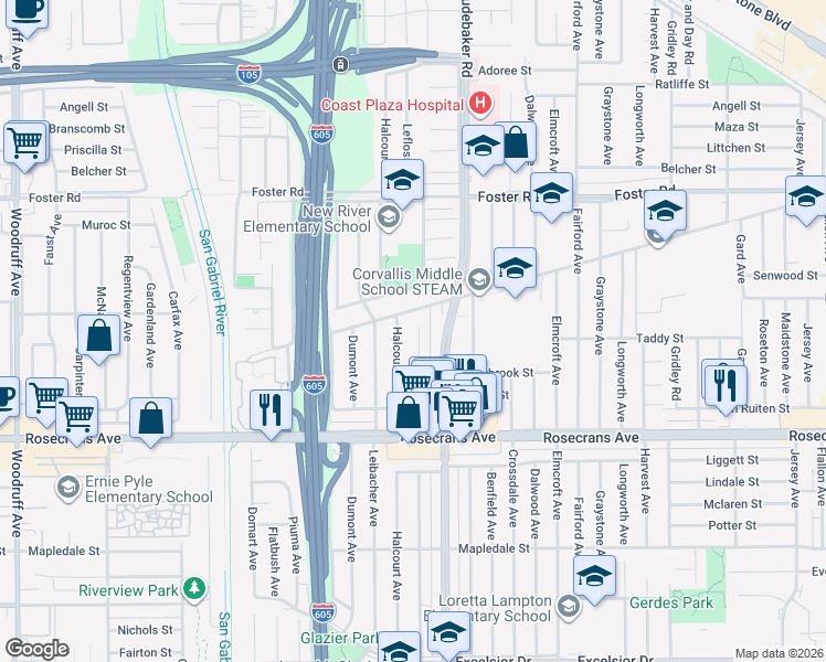 map of restaurants, bars, coffee shops, grocery stores, and more near 10850 Leffingwell Road in Norwalk