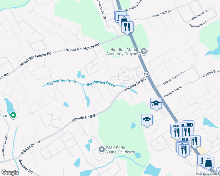 map of restaurants, bars, coffee shops, grocery stores, and more near 1540 Hill Crossing Court in Grayson
