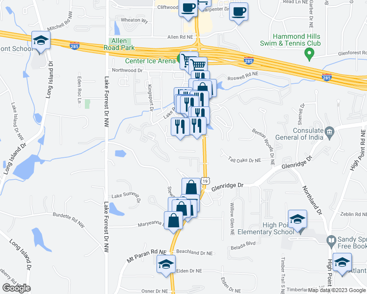map of restaurants, bars, coffee shops, grocery stores, and more near 5570 Roswell Road in Sandy Springs