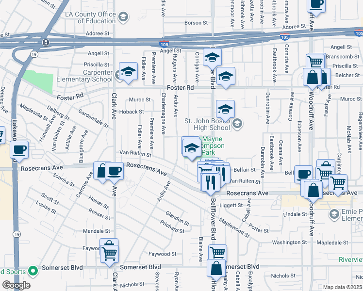 map of restaurants, bars, coffee shops, grocery stores, and more near 14018 Ardis Avenue in Bellflower