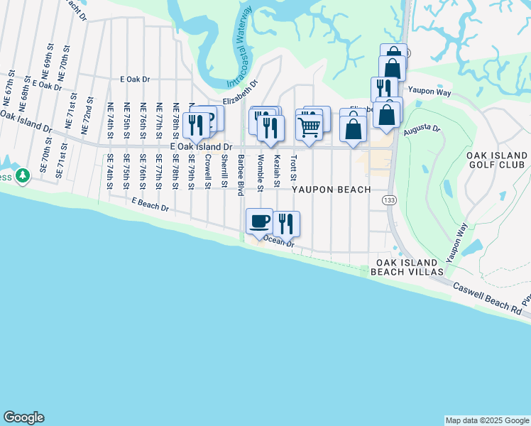 map of restaurants, bars, coffee shops, grocery stores, and more near 208 Womble Street in Oak Island