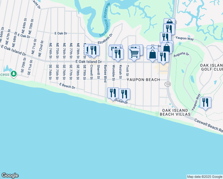 map of restaurants, bars, coffee shops, grocery stores, and more near 209 Womble Street in Oak Island