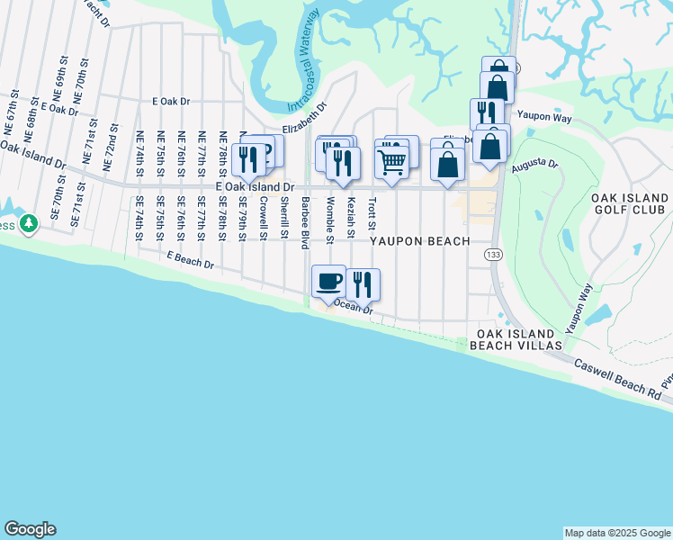 map of restaurants, bars, coffee shops, grocery stores, and more near 208 Womble Street in Oak Island