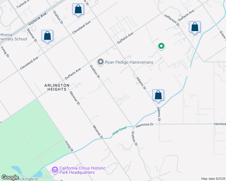 map of restaurants, bars, coffee shops, grocery stores, and more near 2085 Gratton Street in Riverside