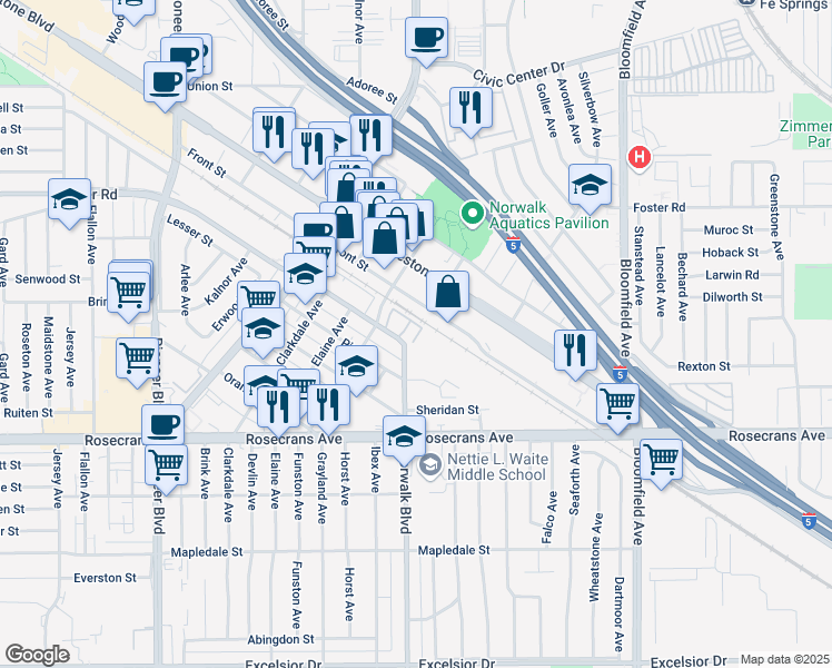 map of restaurants, bars, coffee shops, grocery stores, and more near 12244 Front Street in Norwalk