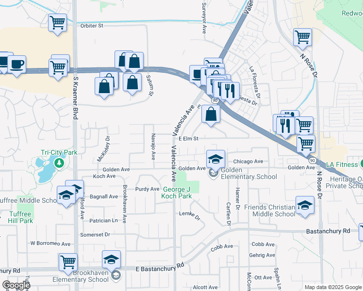 map of restaurants, bars, coffee shops, grocery stores, and more near 2362 Iroquois Avenue in Placentia