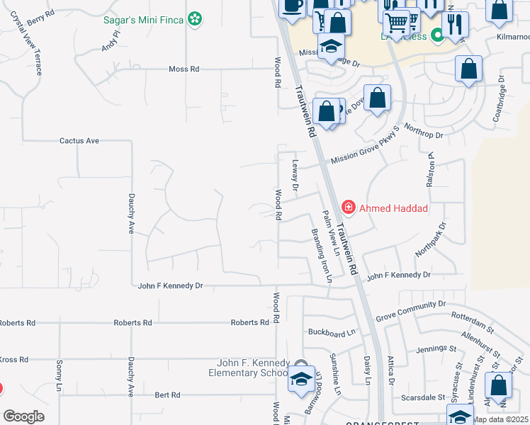 map of restaurants, bars, coffee shops, grocery stores, and more near 14787 Wood Road in Riverside