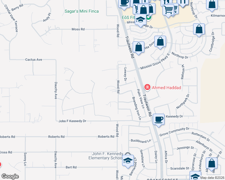 map of restaurants, bars, coffee shops, grocery stores, and more near 14775 Wood Road in Riverside