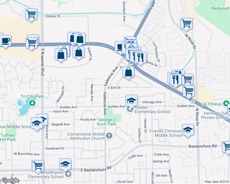map of restaurants, bars, coffee shops, grocery stores, and more near 2362 Wyandote Avenue in Placentia