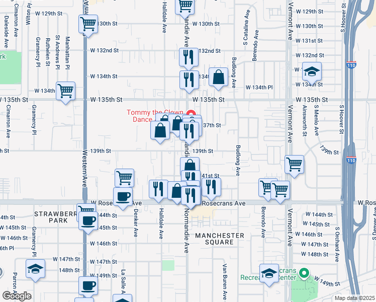 map of restaurants, bars, coffee shops, grocery stores, and more near 139th Street in Gardena