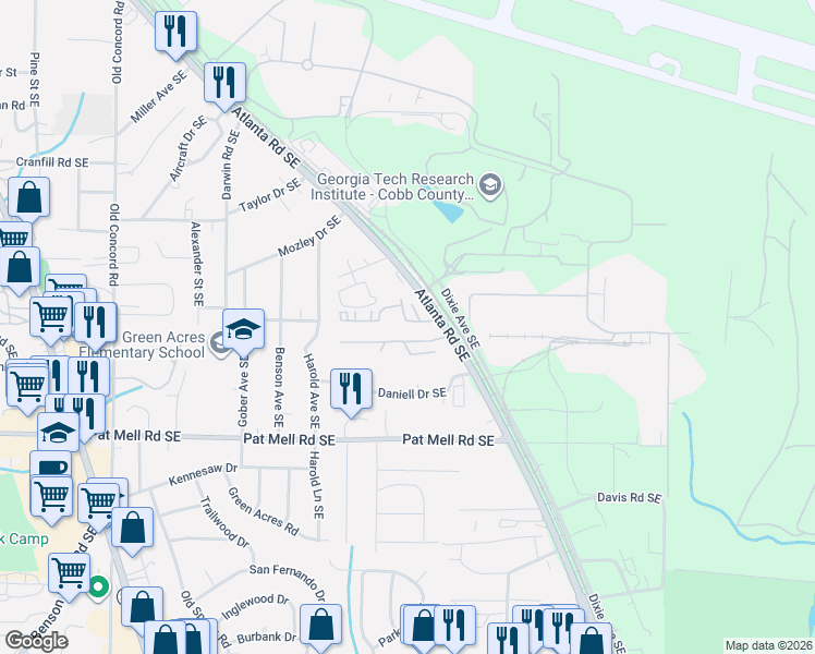 map of restaurants, bars, coffee shops, grocery stores, and more near 1857 Belmore Street Southeast in Smyrna