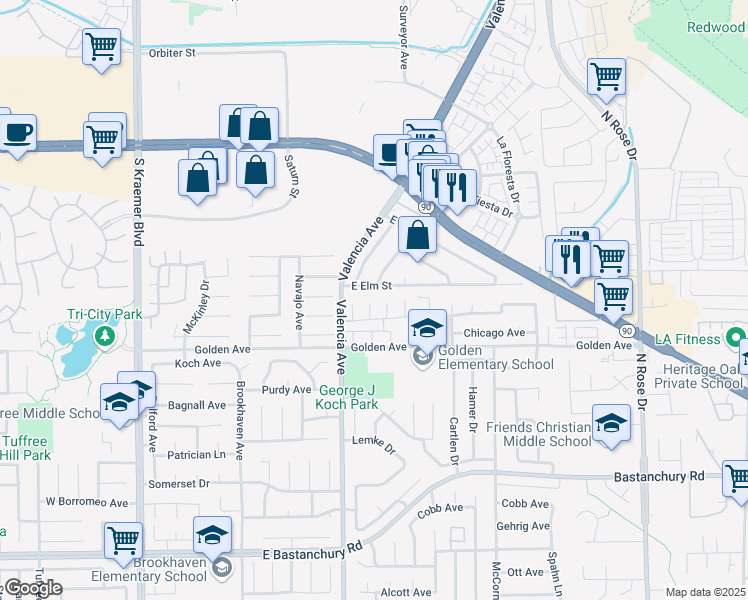 map of restaurants, bars, coffee shops, grocery stores, and more near 2362 Wyandote Avenue in Placentia
