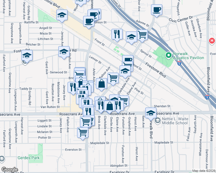 map of restaurants, bars, coffee shops, grocery stores, and more near 13823 San Antonio Drive in Norwalk