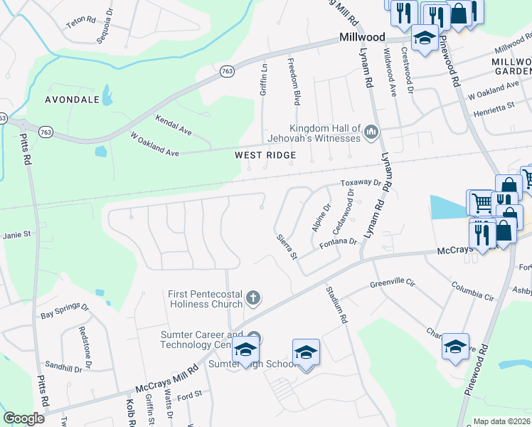 map of restaurants, bars, coffee shops, grocery stores, and more near 2511 Foxcroft Circle in Sumter