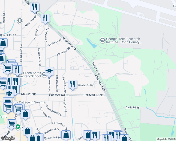 map of restaurants, bars, coffee shops, grocery stores, and more near 1857 Belmore Street Southeast in Smyrna