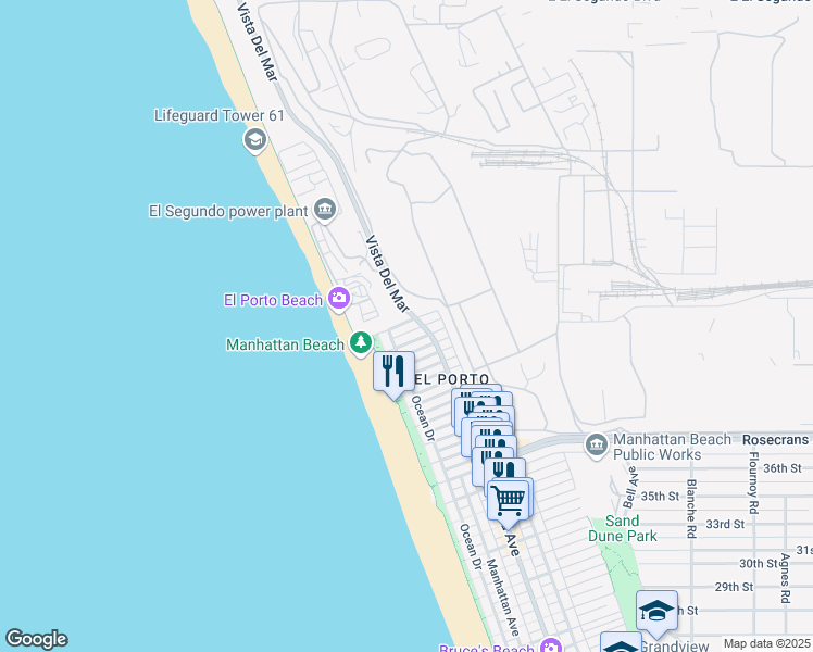 map of restaurants, bars, coffee shops, grocery stores, and more near 204 45th Street in Manhattan Beach