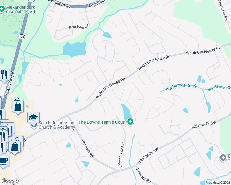 map of restaurants, bars, coffee shops, grocery stores, and more near 1330 Highland Lake Drive in Lawrenceville