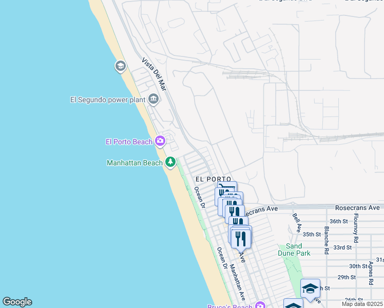 map of restaurants, bars, coffee shops, grocery stores, and more near 204 45th Street in Manhattan Beach