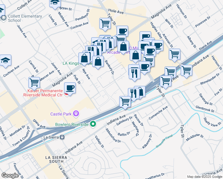 map of restaurants, bars, coffee shops, grocery stores, and more near 3610 Banbury Drive in Riverside
