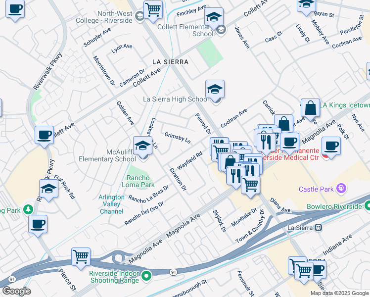 map of restaurants, bars, coffee shops, grocery stores, and more near 4024 Grimsby Lane in Riverside
