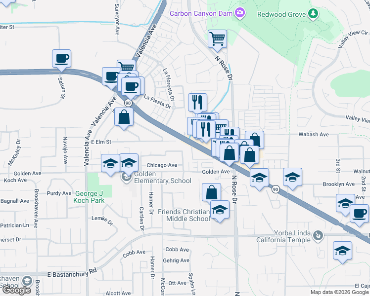map of restaurants, bars, coffee shops, grocery stores, and more near 1050 East Imperial Highway in Placentia