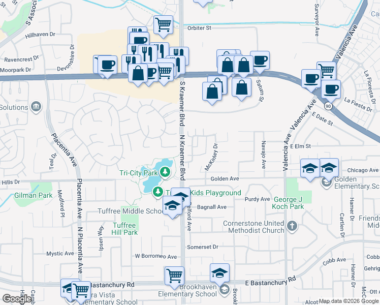map of restaurants, bars, coffee shops, grocery stores, and more near 2407 Allegheny Way in Placentia