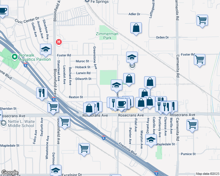 map of restaurants, bars, coffee shops, grocery stores, and more near 13811 Shoemaker Avenue in Norwalk