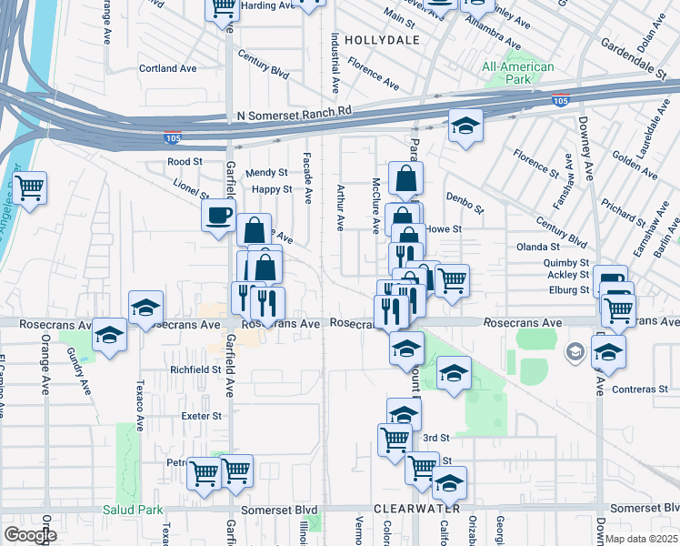 map of restaurants, bars, coffee shops, grocery stores, and more near 14043 Arthur Avenue in Paramount