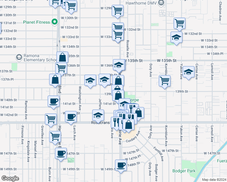 map of restaurants, bars, coffee shops, grocery stores, and more near 4068 138th Street in Hawthorne