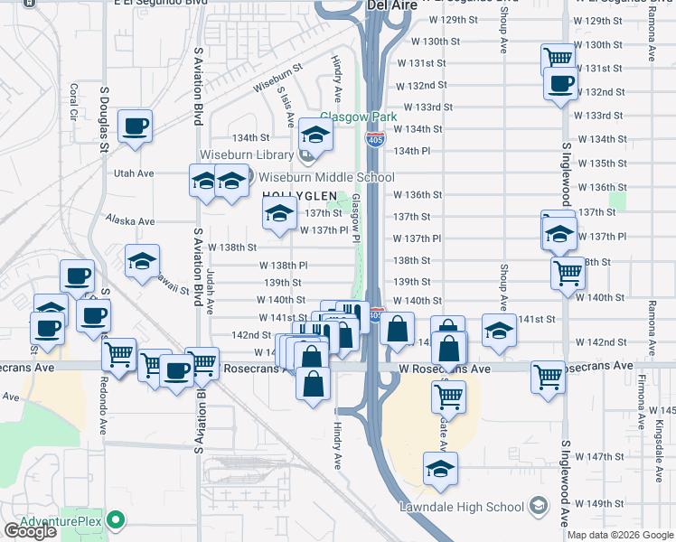 map of restaurants, bars, coffee shops, grocery stores, and more near 5305 West 138th Place in Hawthorne